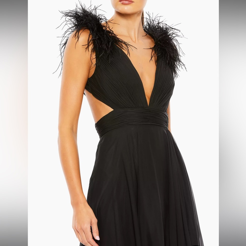 Mac Duggal Black Feather-Trim Gown